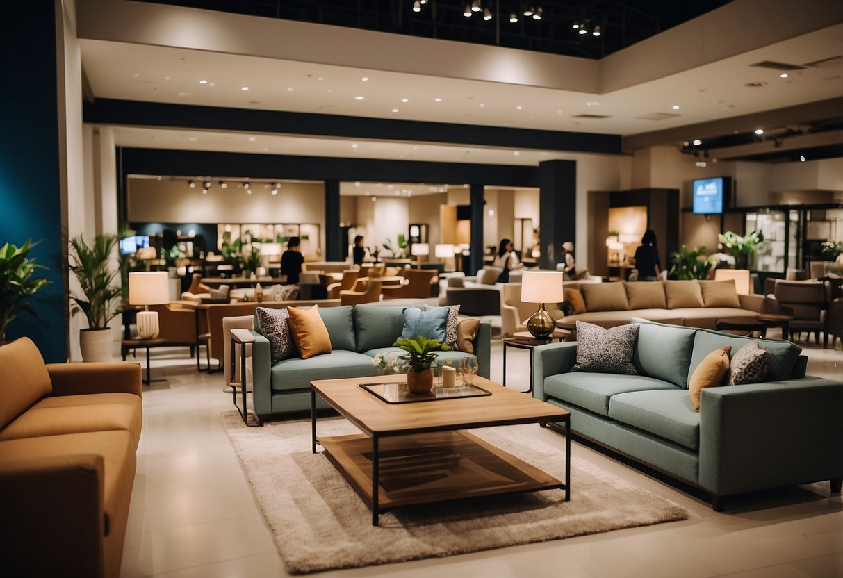 A bustling furniture showroom at Suntec City, with customers browsing and staff assisting. Displayed products include sofas, tables, and shelves