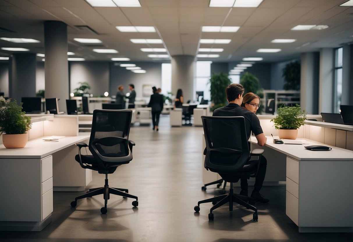 Employees browsing sleek desks, ergonomic chairs, and minimalist storage units in a spacious showroom