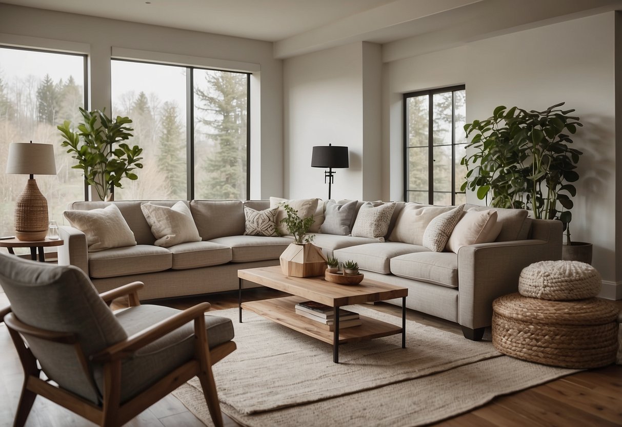 A cozy living room with modern and farmhouse furniture blending seamlessly. Online store logo prominently displayed
