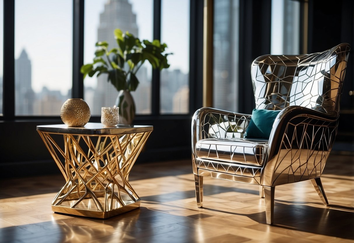 A sleek, geometric armchair sits beside a mirrored, chrome-accented table in a sunlit room with bold, angular patterns and rich, luxurious materials