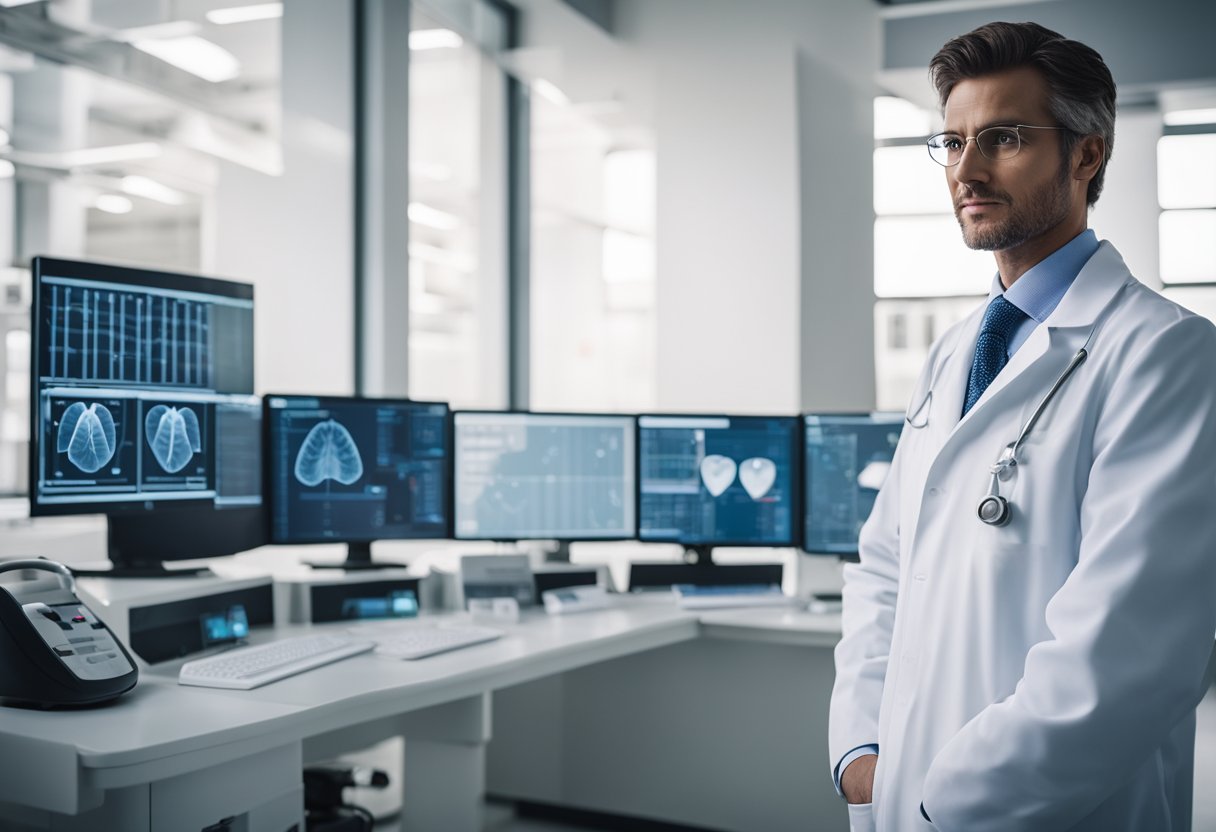 A doctor in a white lab coat stands in a modern cardiology clinic, surrounded by state-of-the-art medical equipment and charts displaying heart diagrams