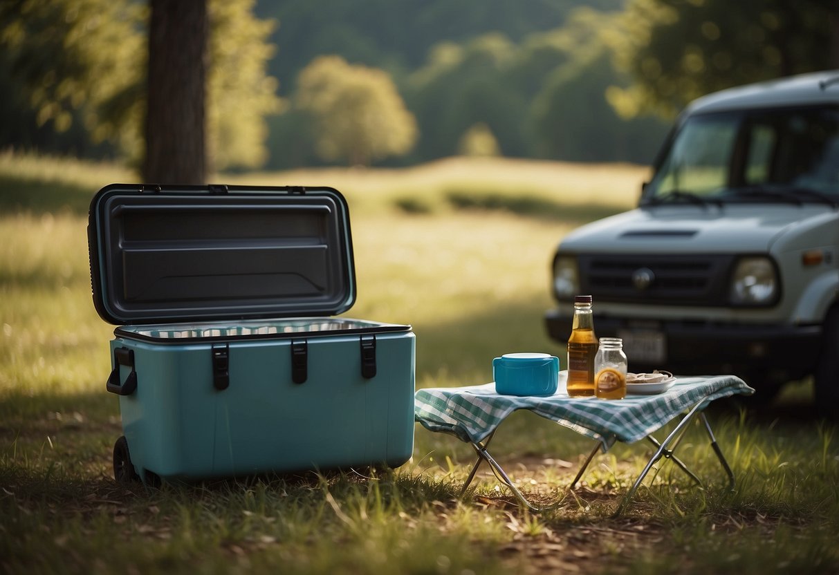 A camping cooler sits open on a grassy campsite. A hand reaches in, removing food and drinks. Another hand wipes the interior with a cloth