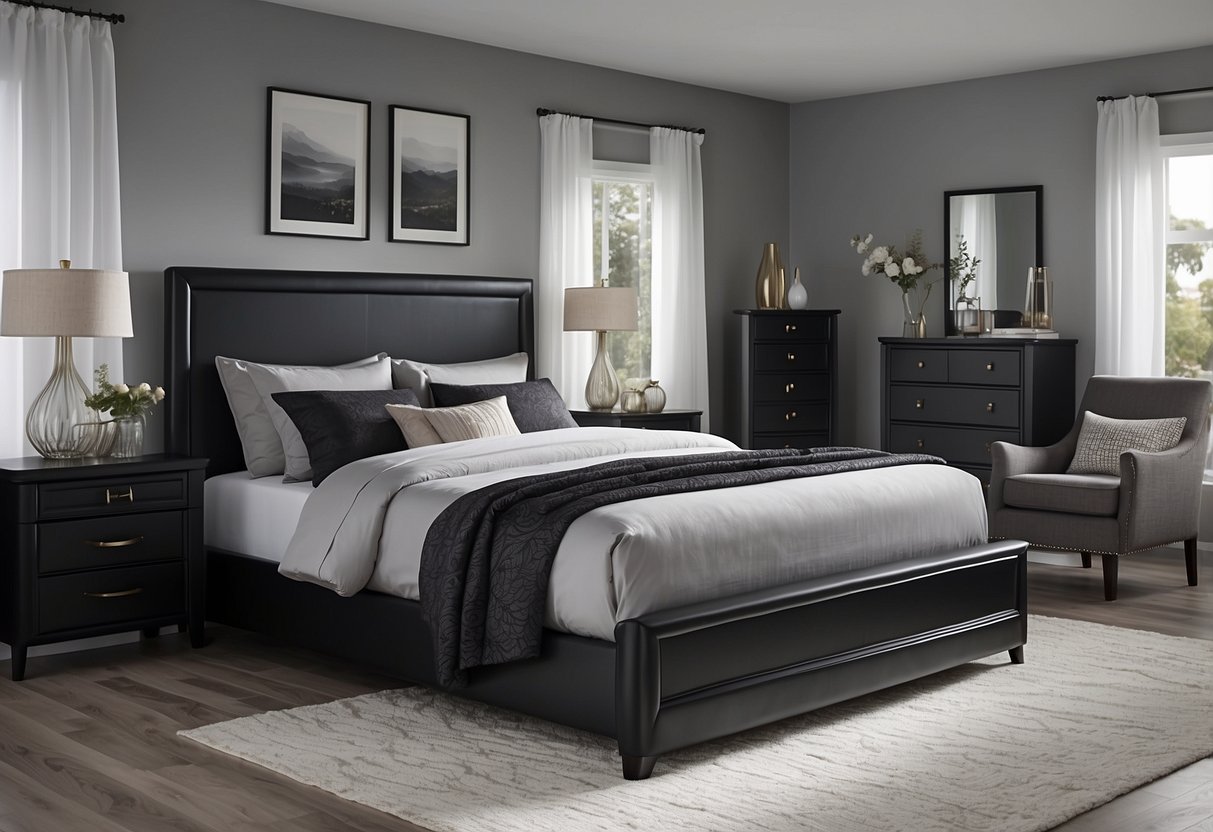 A bedroom with black furniture, including a bed, dresser, and nightstands. The walls are painted a light gray, and there is a large window with white curtains