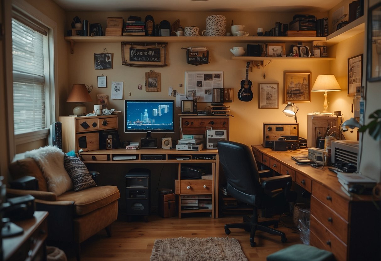 A cozy, cluttered room with mismatched furniture tucked into every nook and cranny