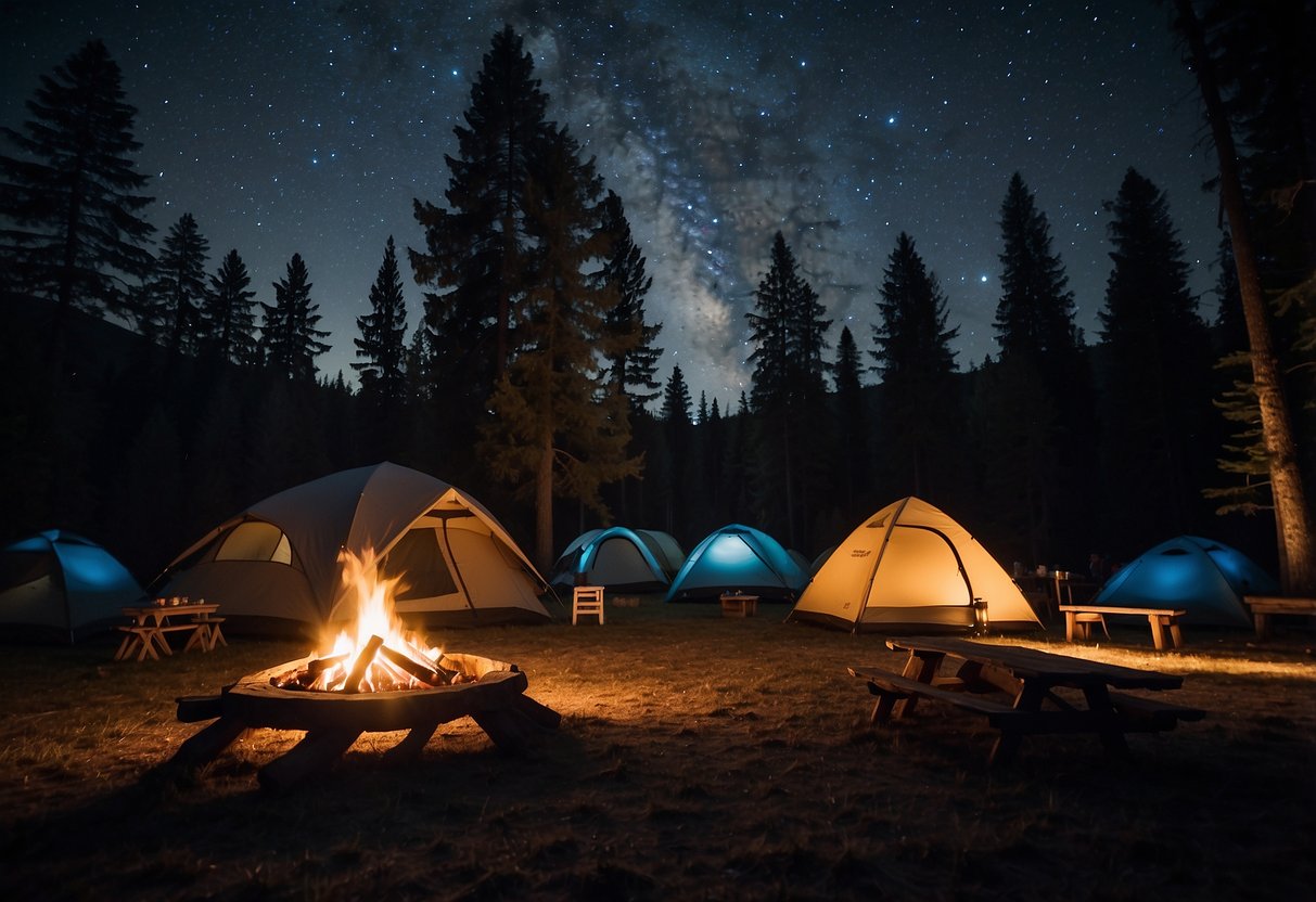 A campfire crackles under a starry sky. A group of tents is set up in a clearing, surrounded by towering trees. A guitar leans against a log, and a game of cards is spread out on a picnic table