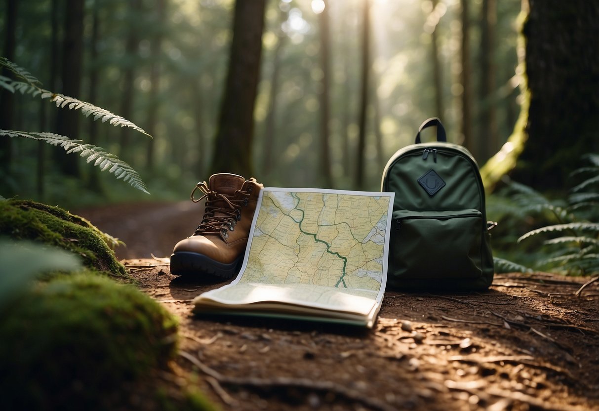 A winding hiking trail leads through a dense forest, with sunlight filtering through the trees. A map and compass lay on the ground, next to a backpack and a pair of hiking boots