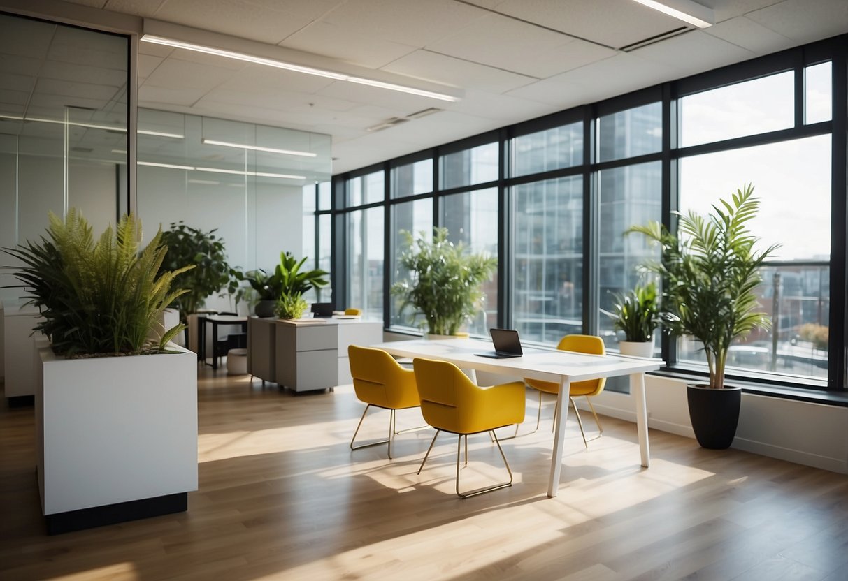 A spacious, well-lit office with sleek, modern furniture and vibrant pops of color. Glass partitions create a sense of openness, while plants and artwork add warmth
