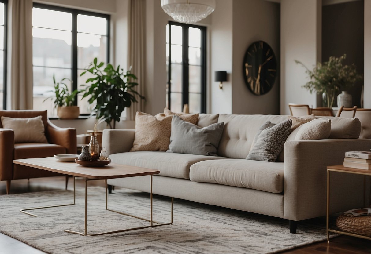 A cozy living room with a sleek sofa, a stylish coffee table, and a modern rug, all purchased from the most trusted online furniture store