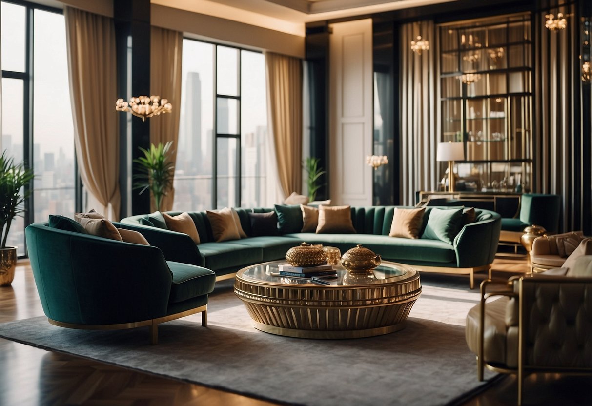 An elegant living room with geometric patterns, sleek lines, and luxurious materials in an art deco furniture style