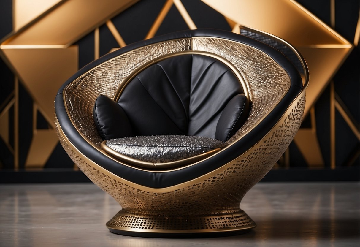 A sleek, geometric chair with bold, angular lines and luxurious materials, set against a backdrop of geometric patterns and metallic accents
