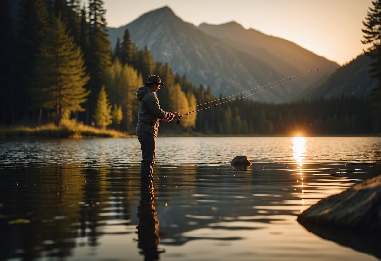 A person casts a fishing line into a calm, tree-lined lake. Nearby, a campfire crackles as the sun sets behind the mountains