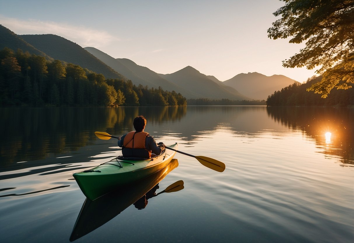 A kayak glides across a calm, reflective lake surrounded by lush green trees and towering mountains in the distance. The sun sets in the background, casting a warm glow over the tranquil scene