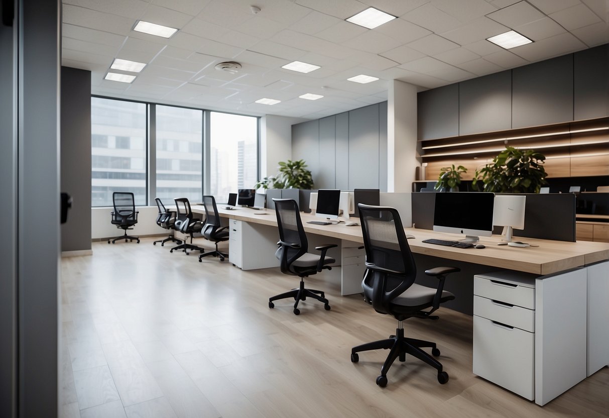 A sleek, minimalist office space with ergonomic chairs, modular desks, and integrated storage solutions. Clean lines and neutral colors create a modern, professional atmosphere
