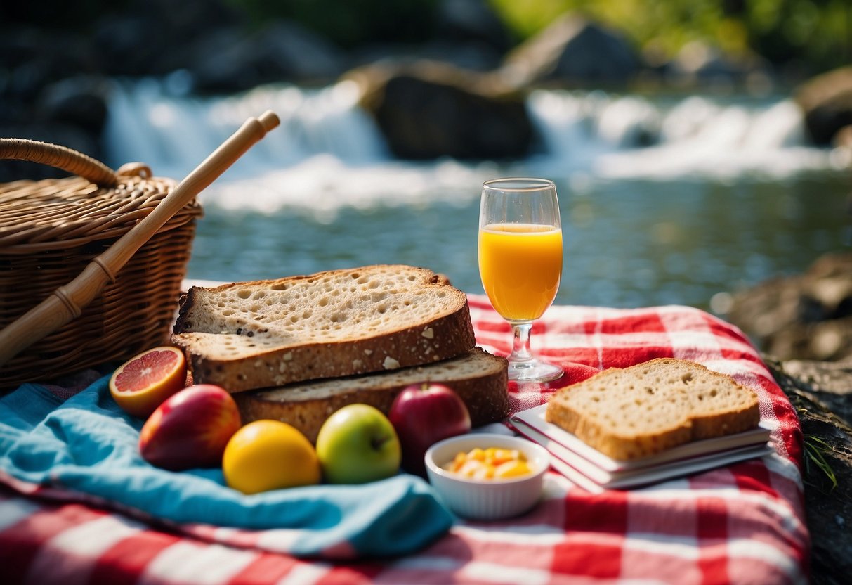 A colorful picnic blanket spread out near a glistening waterfall, with a basket of food, a book, a guitar, and a fishing rod nearby