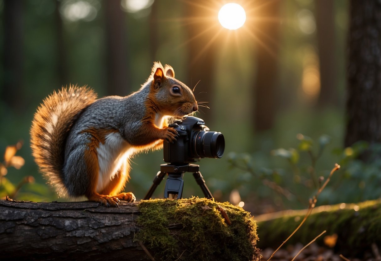 A camera on a tripod captures a squirrel scavenging for food in a forest clearing, with a colorful bird perched on a nearby branch. The sun is setting, casting a warm glow over the scene