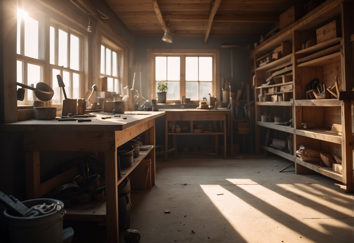 A cozy nook with shelves of wood and metal tools. A workbench covered in sawdust and scraps. Sunlight filtering through dusty windows onto unfinished furniture