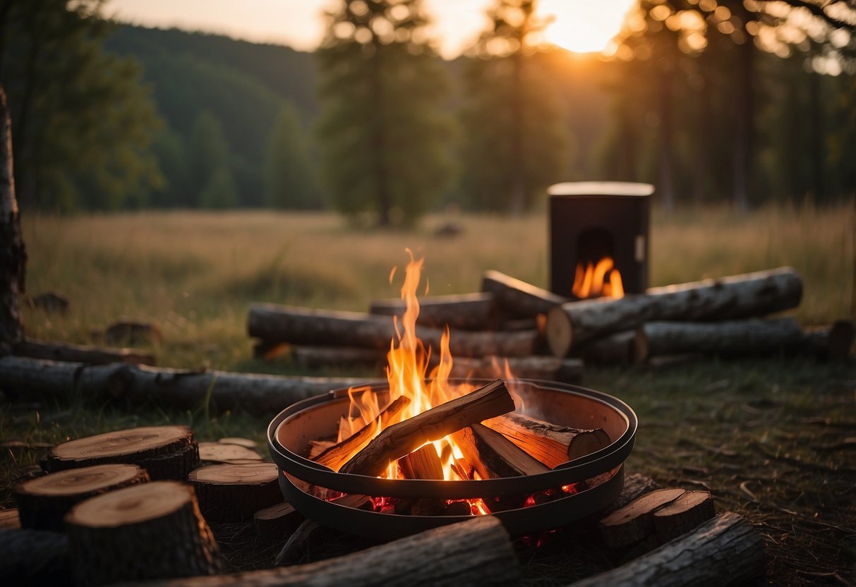 A campfire crackles in the center of a clearing, surrounded by a circle of logs. A tent is pitched nearby, and a small table holds a stack of books and a deck of cards. The sun sets in the distance, casting a warm