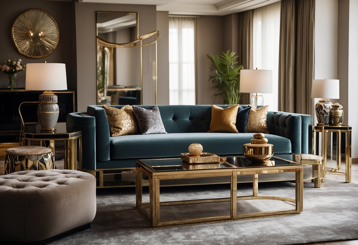 A stylish living room with geometric patterns, sleek lines, and luxurious materials. Art deco furniture pieces like a mirrored console table, a velvet sofa, and a glossy lacquered coffee table create a sophisticated atmosphere
