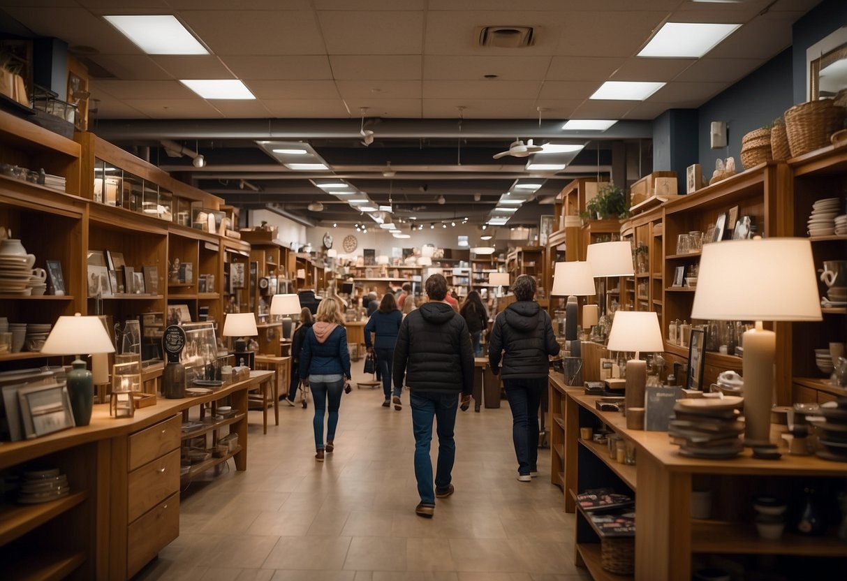 The nook and cranny furniture store bustles with customers. Shelves overflow with unique pieces, while staff assist eager shoppers