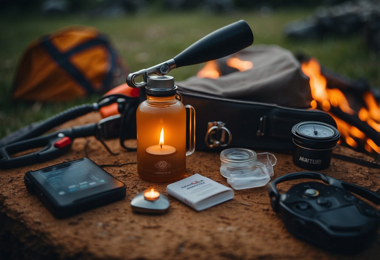 A campfire surrounded by safety gear and entertainment items: first aid kit, flashlight, map, compass, whistle, board games, books, and a guitar