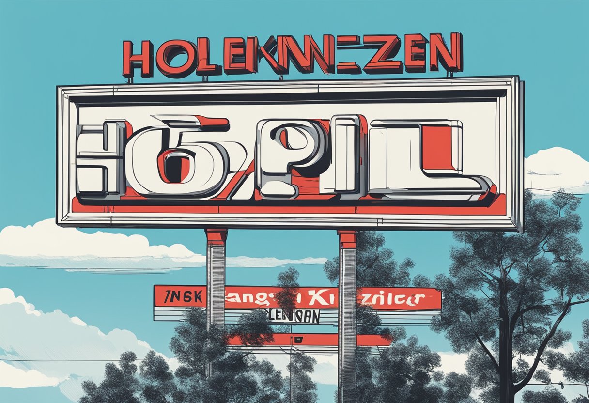 A red and white sign with the words "hol kennzeichen" in bold black letters against a clear blue sky