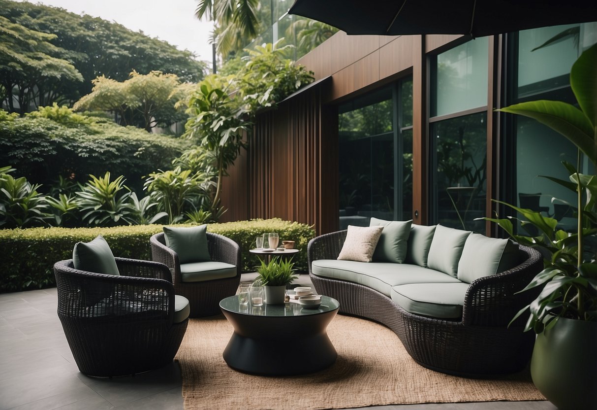 A cozy outdoor lounge area with sleek, modern furniture set against a lush green backdrop in Singapore