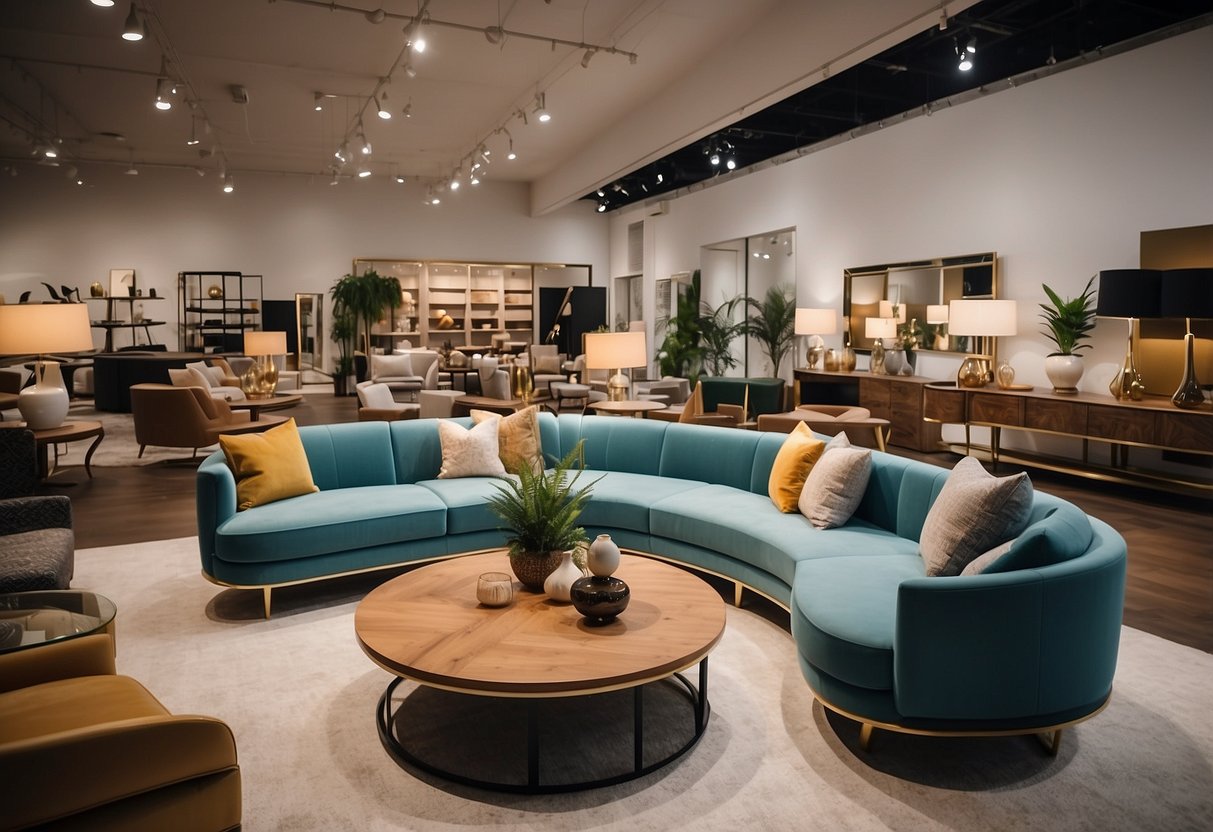 A showroom filled with modern and classic furniture pieces in various colors and styles, arranged neatly in spacious and well-lit display areas