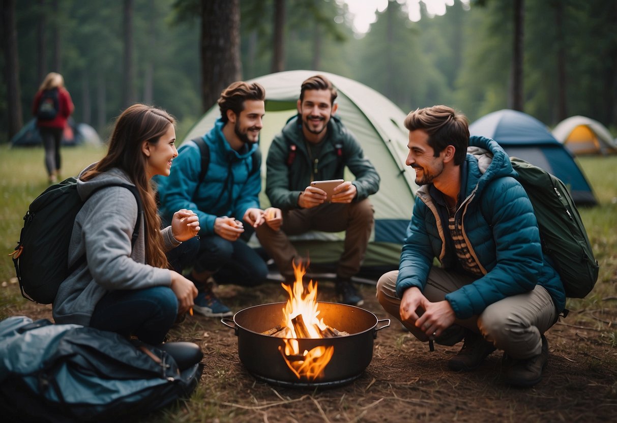 A group of campers gather around a central area, exchanging and sharing camping gear such as tents, sleeping bags, and cooking equipment. They appear to be enjoying a budget-friendly camping experience