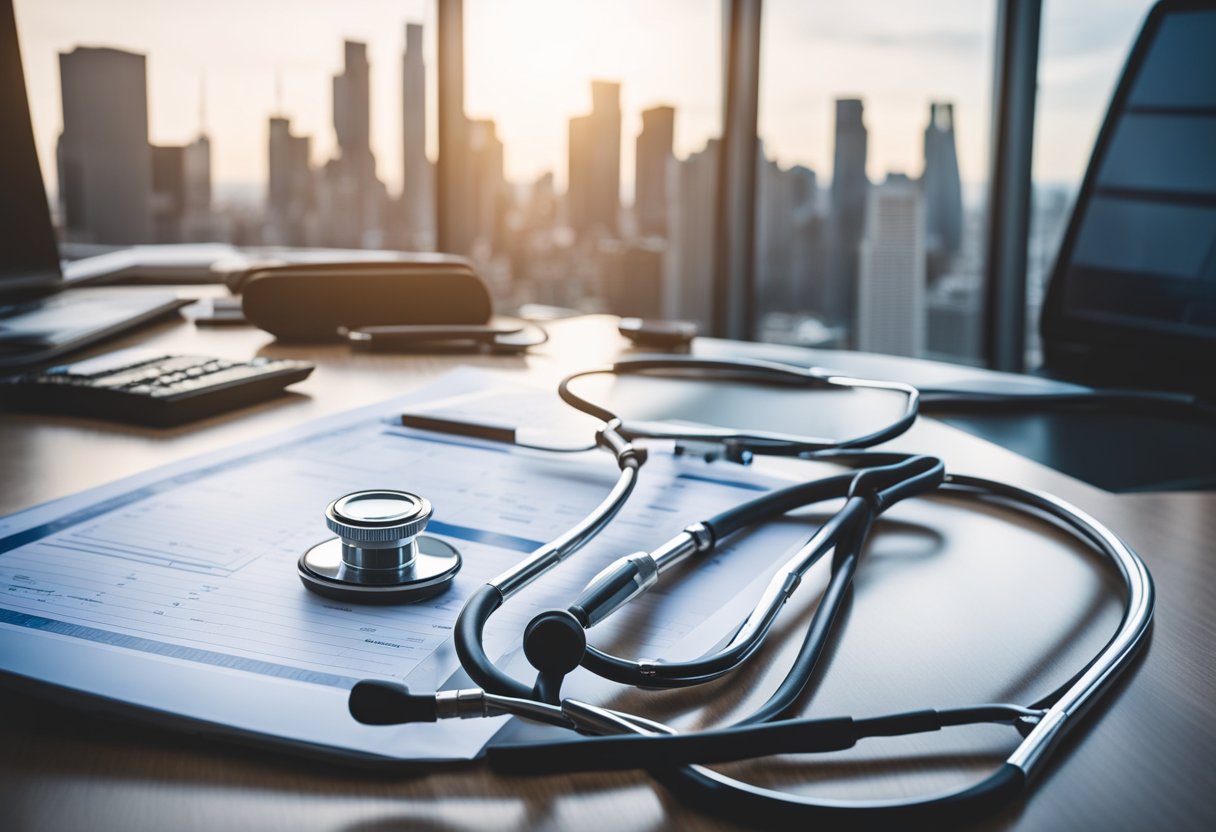 A stethoscope, EKG machine, and medical charts on a desk in a modern office with a view of the city skyline