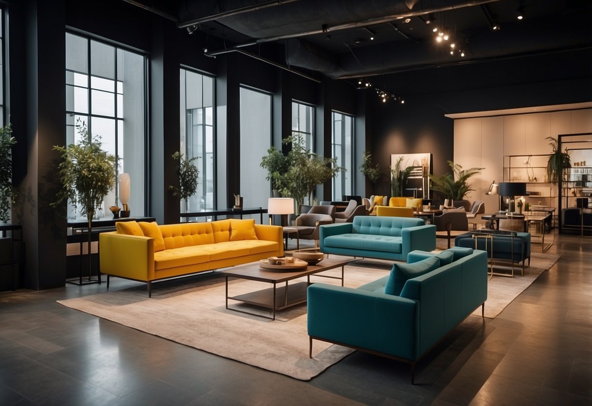 A modern furniture showroom with sleek designs and bold colors, featuring exclusive offers and updates displayed prominently