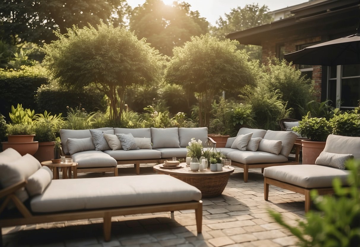 A cozy outdoor space with a variety of stylish and comfortable furniture options, including chairs, tables, and loungers, surrounded by lush greenery and basking in warm sunlight