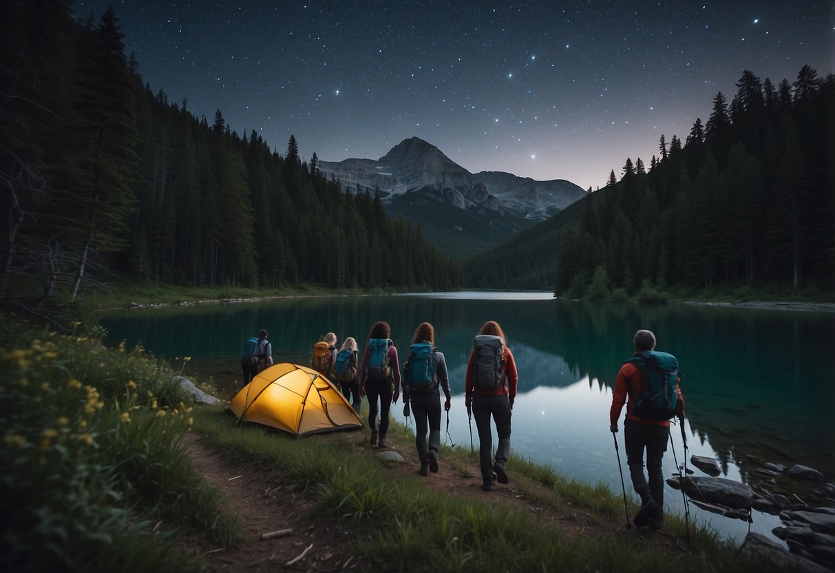 A group of hikers trek through a lush forest, carrying lightweight camping gear. They pass by a serene lake and set up a budget-friendly campsite under a starry night sky