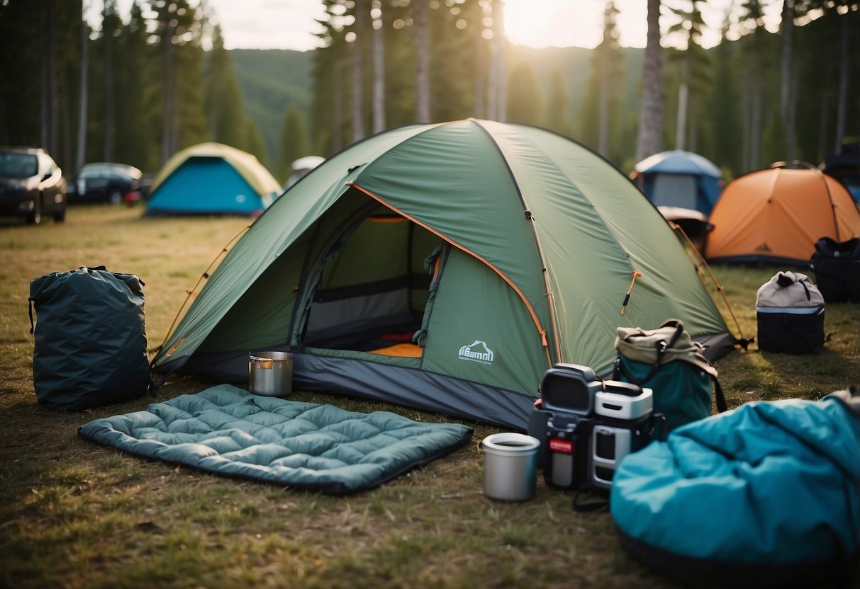 A campsite with budget-friendly equipment set up, including tents, sleeping bags, cooking supplies, and outdoor gear. The scene is organized and practical, with a focus on affordability and functionality