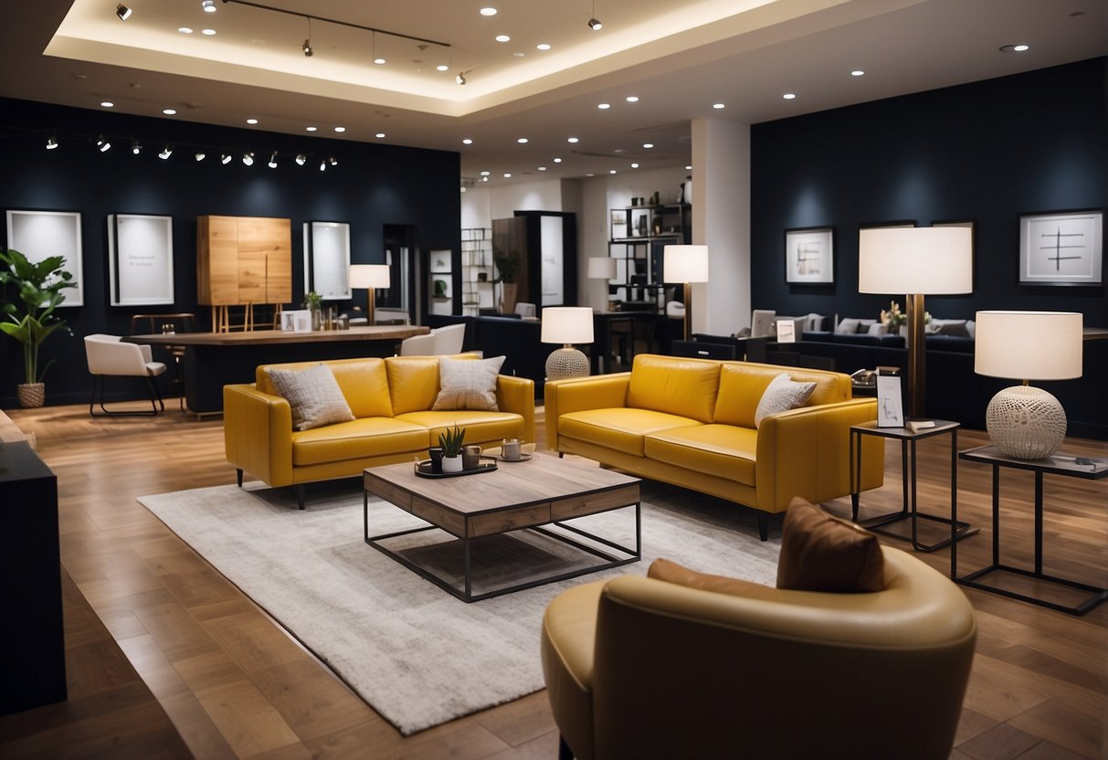 A brightly lit furniture showroom with sleek, modern designs on display. Customers browse, while staff assist and answer questions
