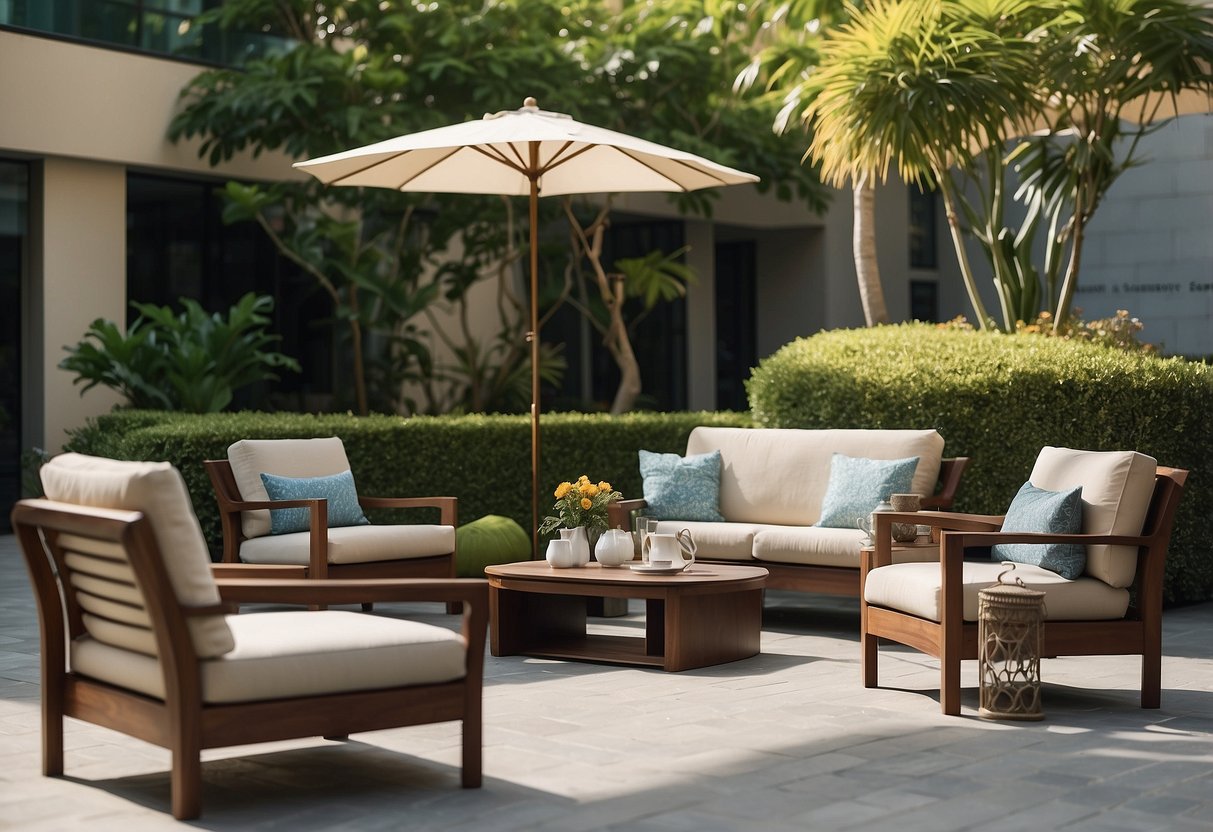 A sunny outdoor patio with stylish furniture, surrounded by lush greenery and a clear blue sky. A sign reads "Top Picks and Where to Shop best outdoor furniture singapore."