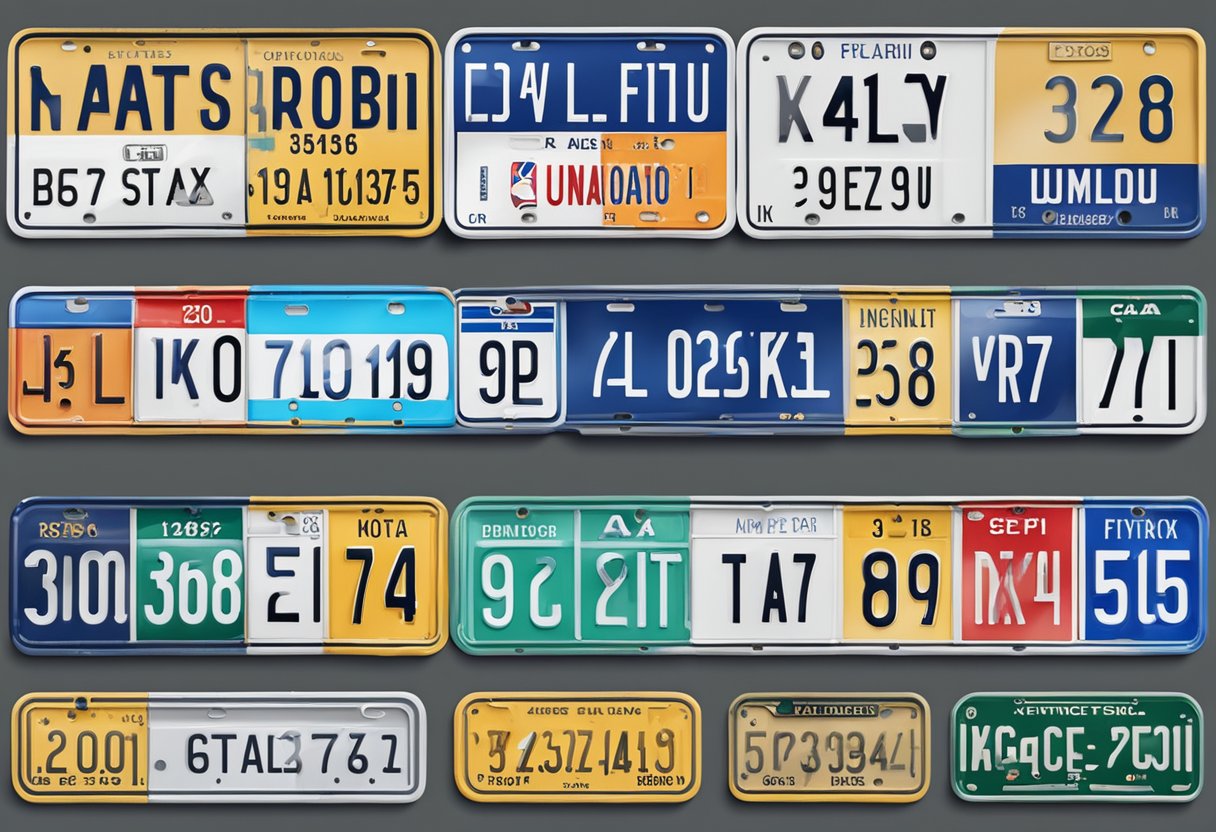 A row of license plates with different state abbreviations