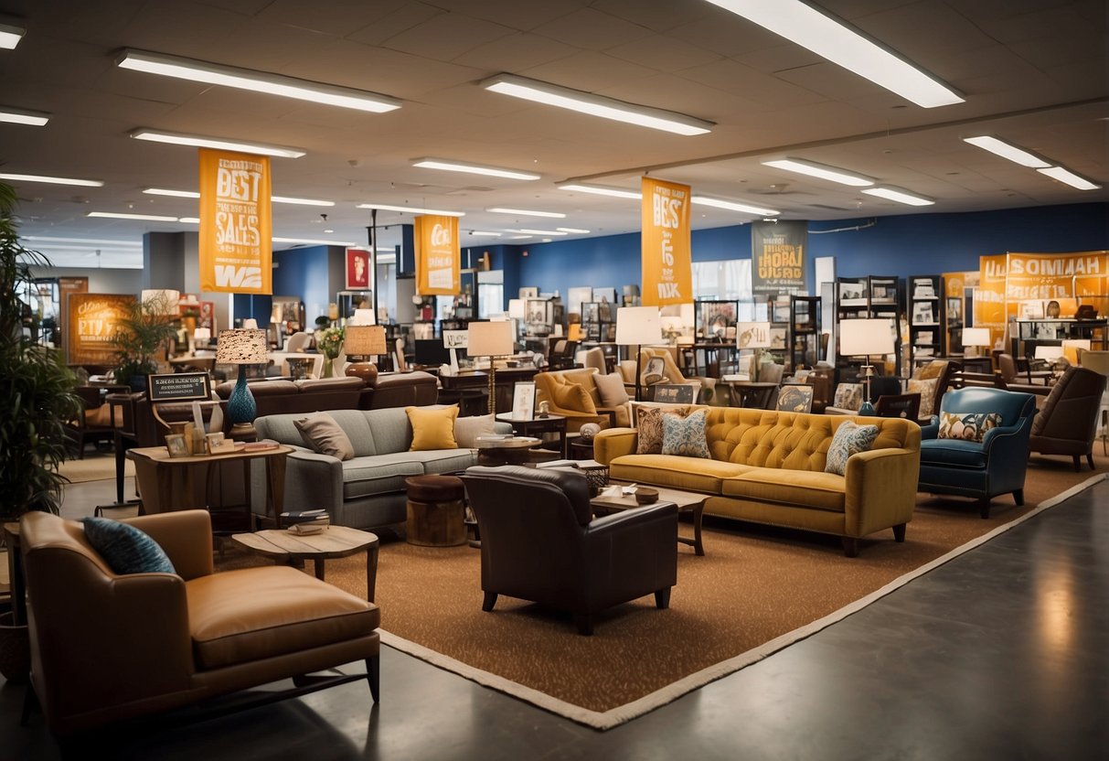 A crowded showroom with colorful banners and signs promoting "best furniture sales." Shelves are stocked with discounted items, and customers browse the selection