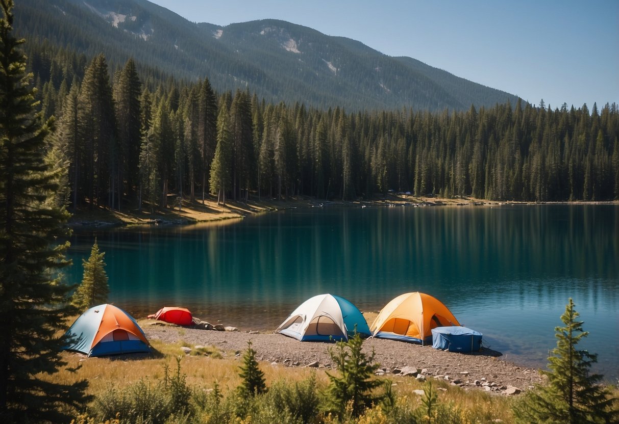 A serene lake surrounded by tall pine trees, with a row of colorful tents set up along the shoreline. Mountains loom in the distance under a clear blue sky