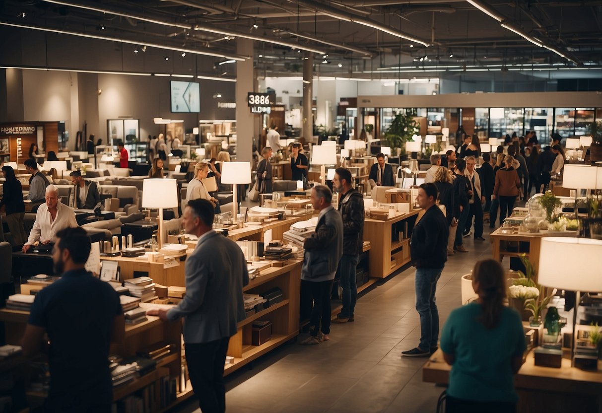 A crowded showroom with bright sale signs, customers browsing furniture, and staff assisting with inquiries