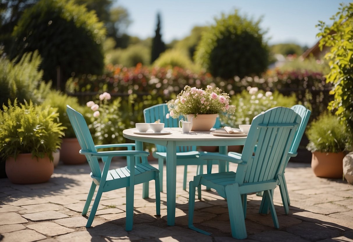 A cozy outdoor setting with a table and chairs, surrounded by lush greenery and blooming flowers, under a bright blue sky