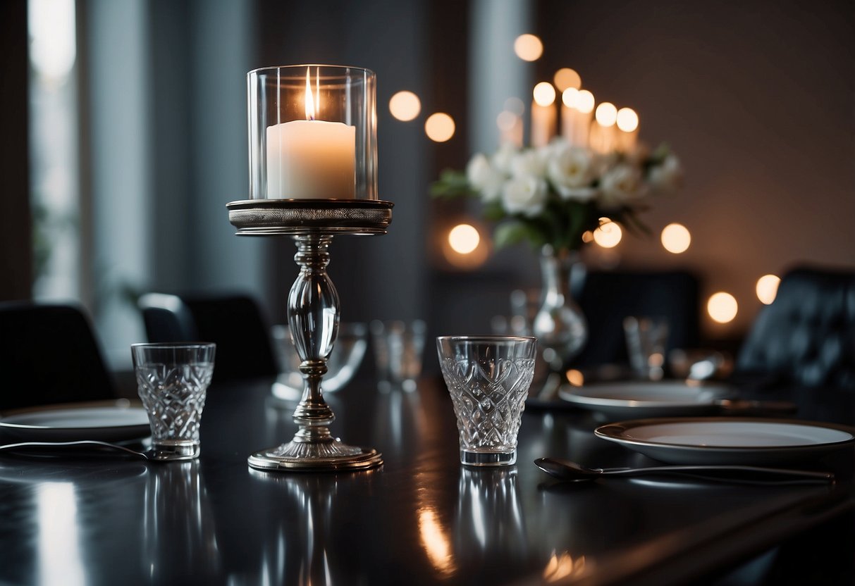 A black dining table and chairs stand in a dimly lit room, accented by silver candle holders and a sleek centerpiece. A large mirror reflects the elegant setting