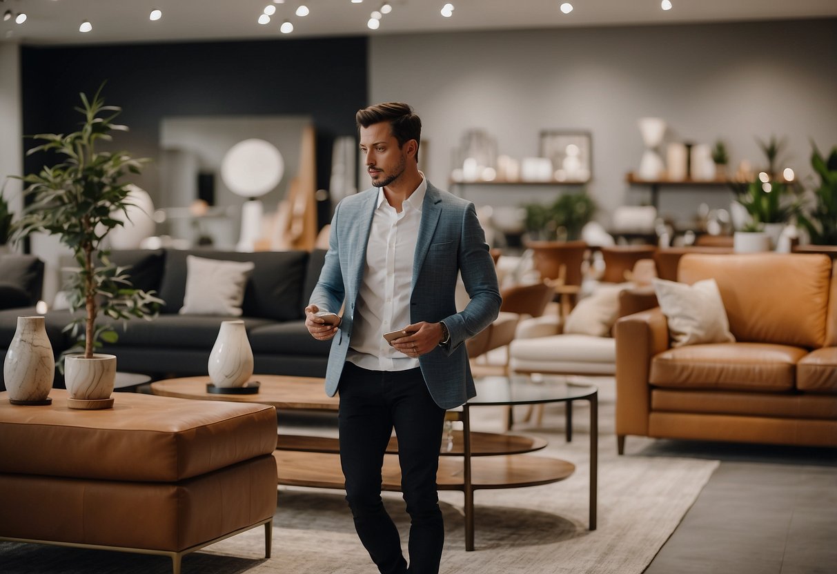 A customer browsing through a showroom filled with modern and stylish furniture, carefully inspecting the quality and design of each piece
