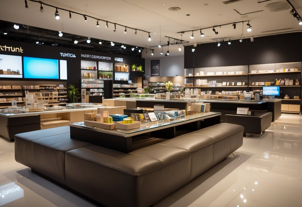 A spacious NTUC Xtra furniture section with neatly arranged displays, showcasing a wide range of products, and customers browsing with interest