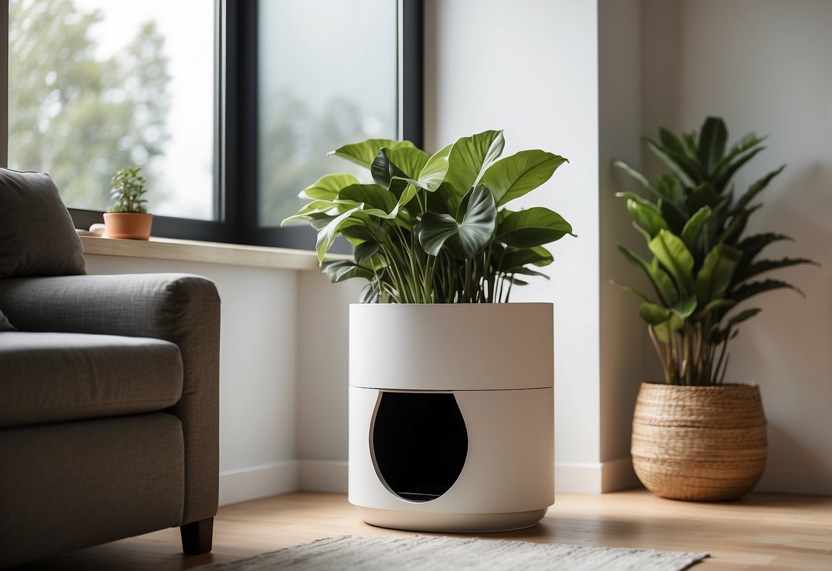 A sleek, modern litter box cabinet sits in a cozy corner of the living room, with a plant on top and a cat peeking out from the entrance