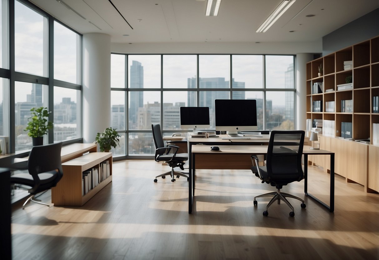 A modern office with sleek furniture, including a glass desk, ergonomic chair, and minimalist shelving. The space is bathed in natural light from large windows