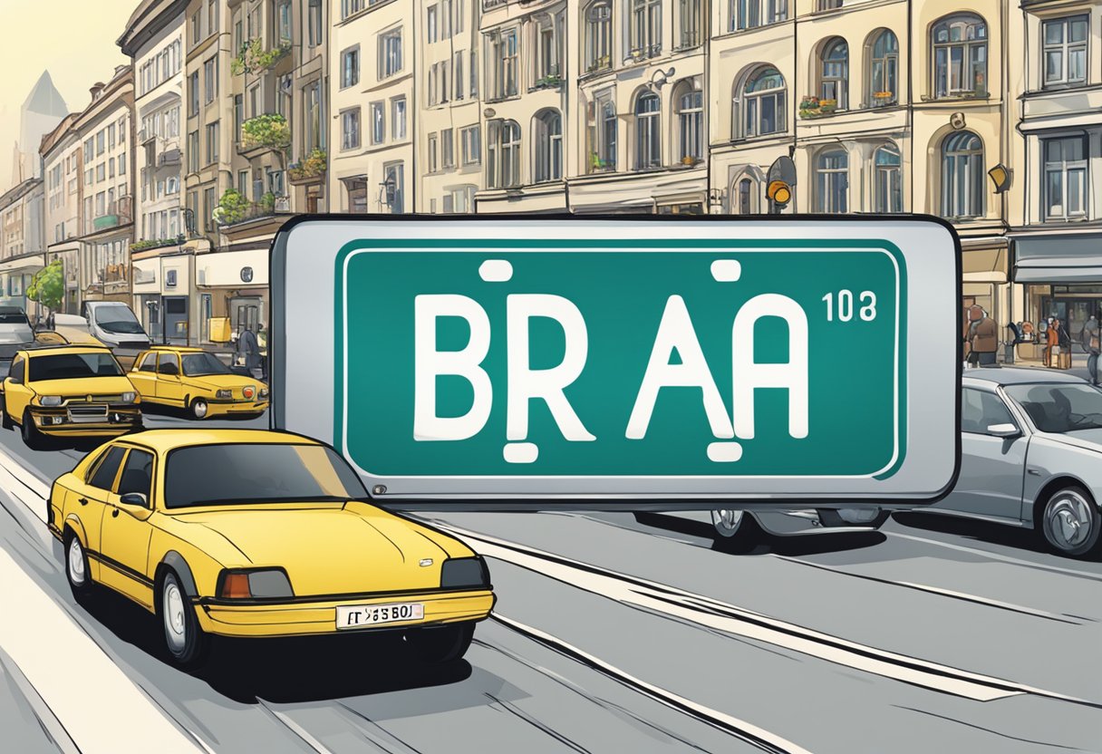 A German license plate with the letters "BRA" prominently displayed, surrounded by other vehicles on a busy city street