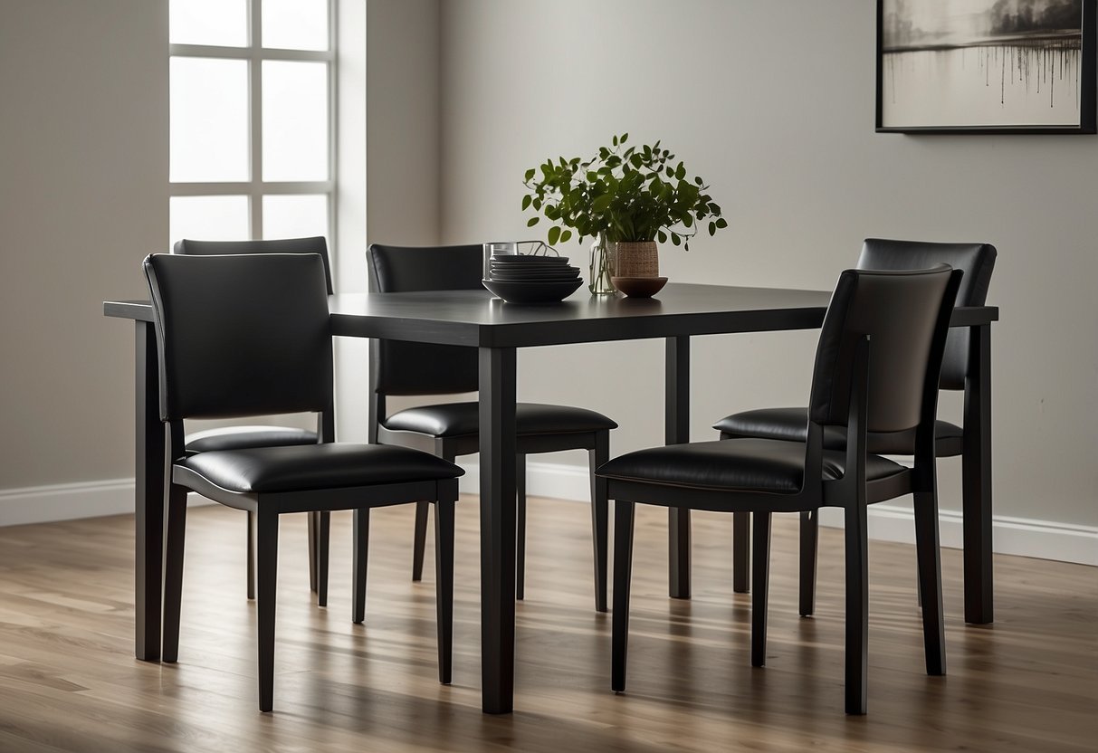 A sleek black dining table and chairs are set against a backdrop of neutral walls and minimalist decor, creating a cohesive and modern look
