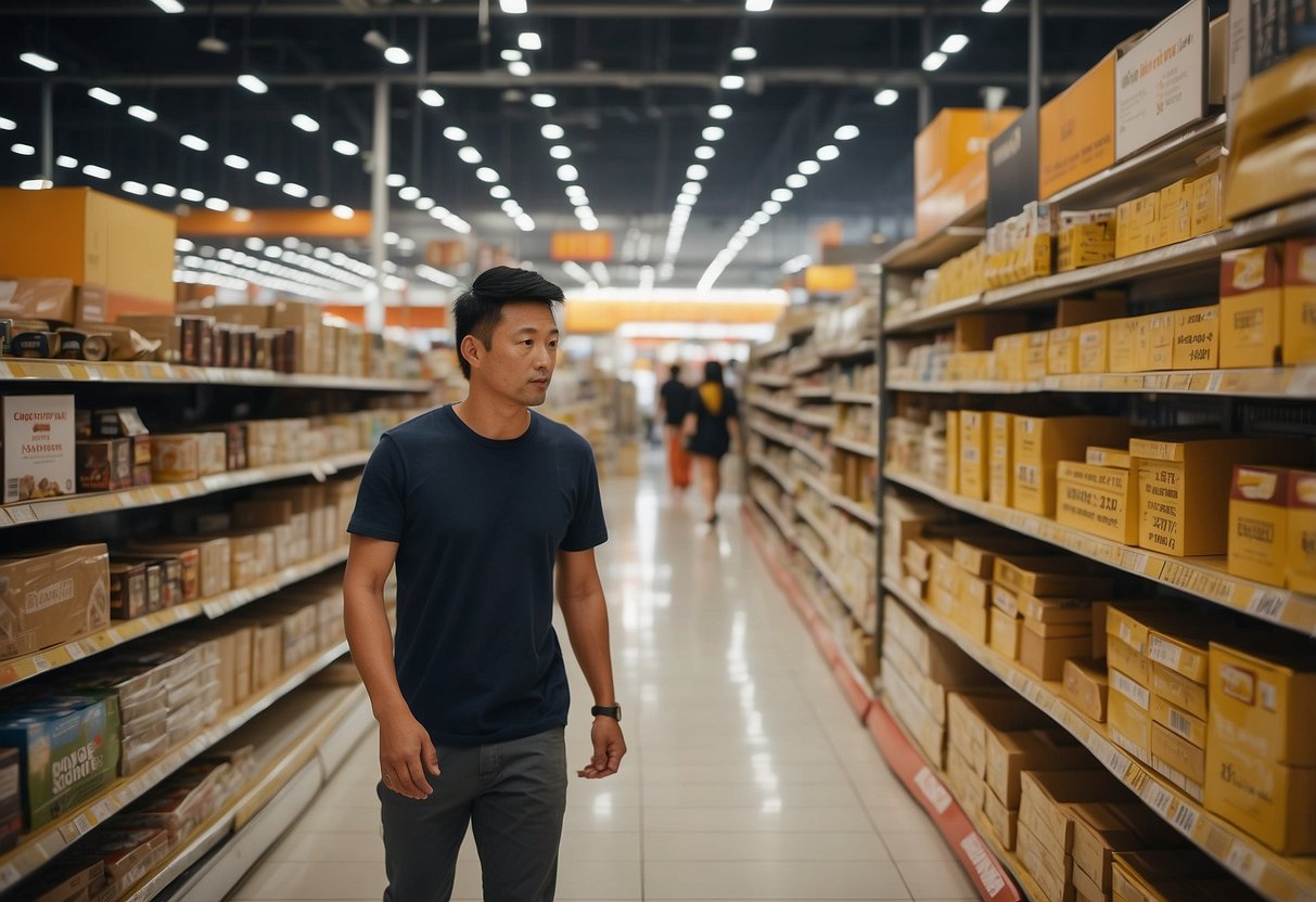 A customer browsing through the aisles of NTUC Xtra furniture store, looking at various items and reading the Frequently Asked Questions section