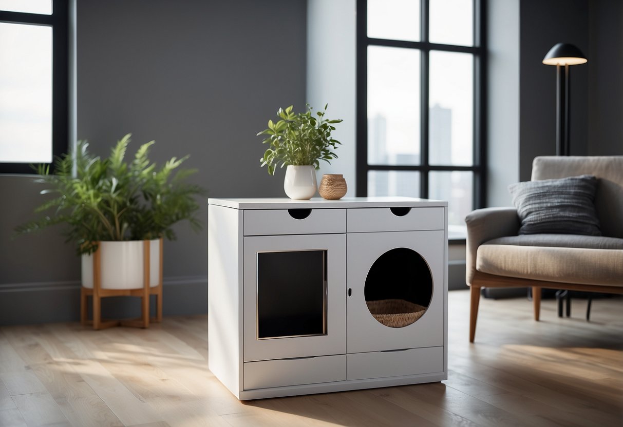 A sleek, modern litter box cabinet sits against a clean, minimalist backdrop. The cabinet features discreet openings and storage compartments for litter and accessories