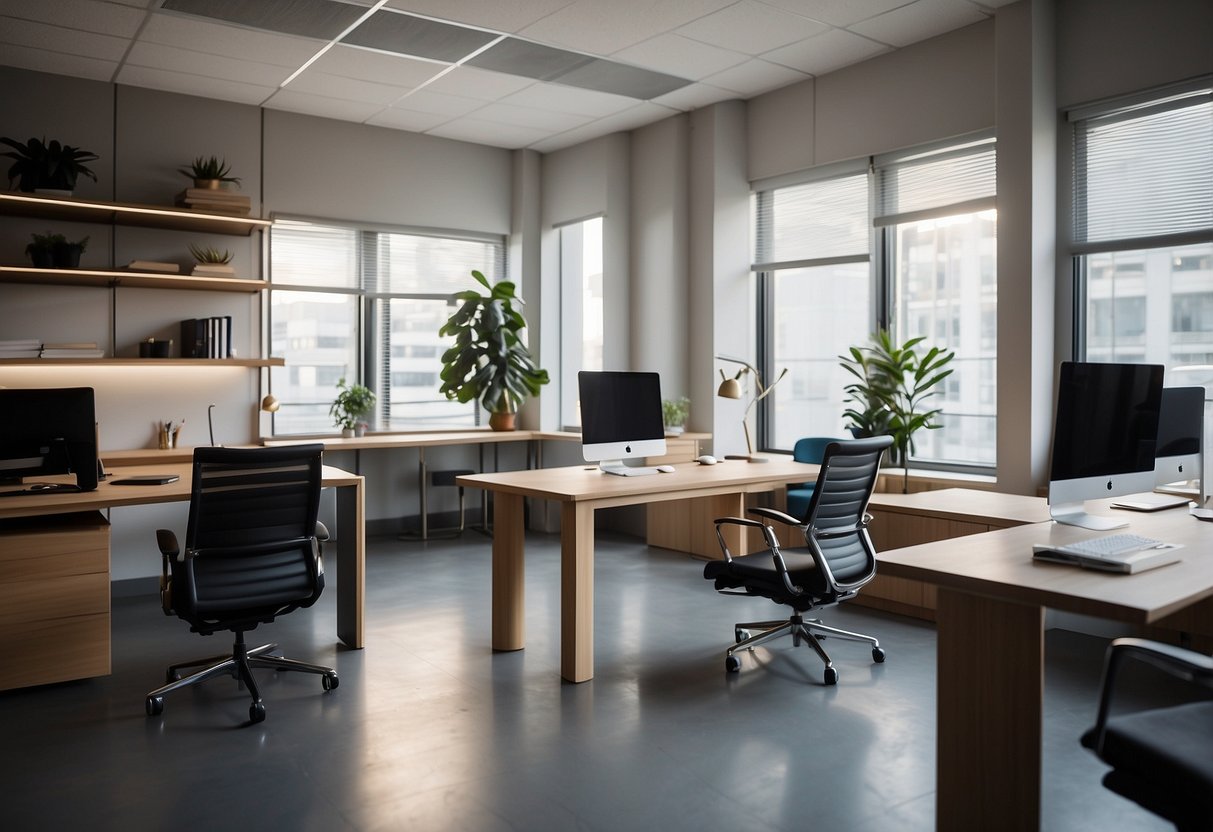 A modern office space with sleek furniture, including a large desk, ergonomic chair, and minimalist shelving. The space is well-lit with natural light and features a pop of color in the decor